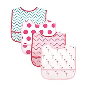 Luvable Friends Water Resistant Bibs with Crumb Catcher Pocket, Flamingo, 4 Count