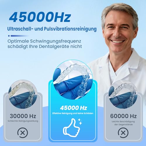 Ultraschallreinigungsgerät 45KHz mit 200mL Dental Pod, 4 Modi Ultraschallreiniger, UV Ultrasonic Cleaner für Zahnersatz, Zahnschiene, Retainer, Zahnspangen, Aligner, Zahnprothesen, Mundschutz, Schmuck