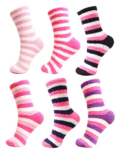 BambooMN Women's Super Soft Warm Microfiber Fuzzy Cozy Home Stripe Socks - Assortments