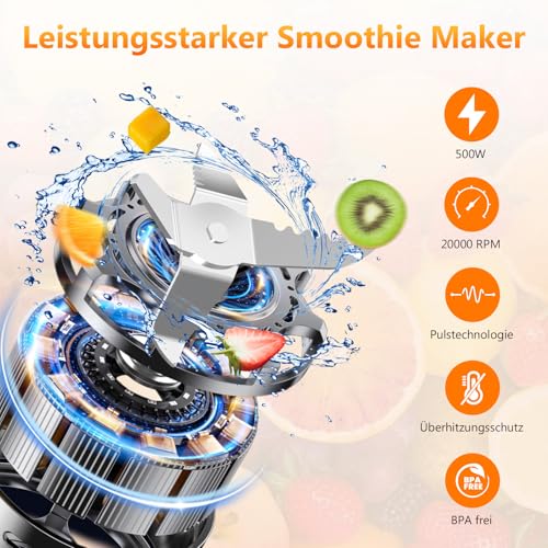 Mixer, Smoothie Maker, Standmixer, 500W Smoothie Mixer mit 2x570ml Smoothie Flaschen BPA frei Tritan,Tragbarer Blender Smoothie Maker aus Edelstahl 4-Klingen-System,für Jede Art von Shake und Smoothie
