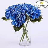 S.Ena, 6 Branch 30 Heads Artificial Silk Fake Flowers Leaf Hydrangea Wedding Floral Home Decor Bouquet Birthday Party DIY, Pack of 4 (Blue)