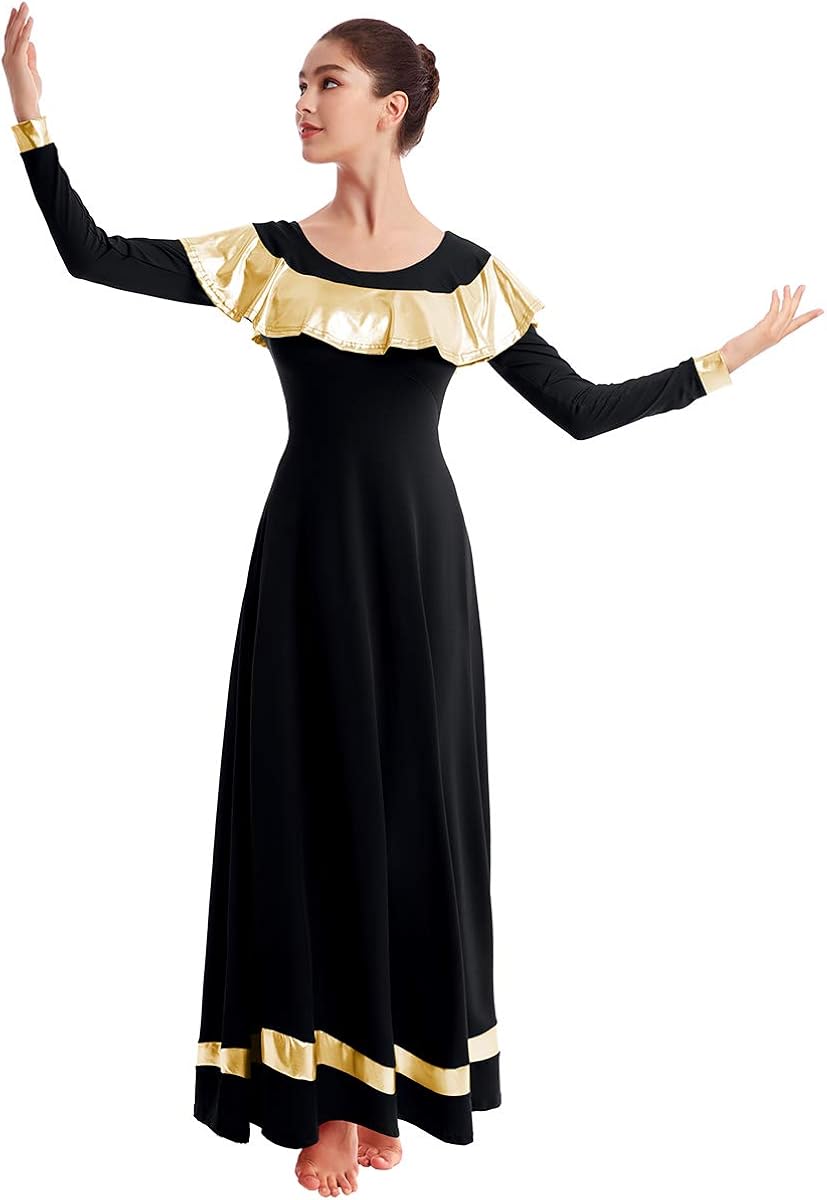 FYMNSI Women Liturgical Praise Dance Dress Elegant Ruffle Long Sleeve Loose Fit Pleated Maxi