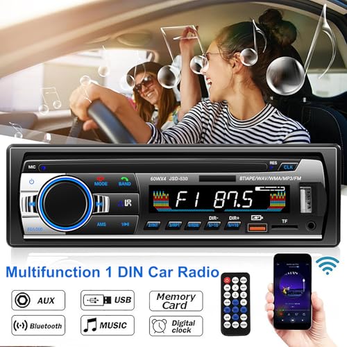 Car Radio Bluetooth 5.0, 4 x 60 W 1 DIN FM Car Radio with Hands-Free Function, Stereo Sound with Clock/Remote Control/Double USB/LCD Screen, Supports 2 USB/AUX/SD/TF/EQ/DSP