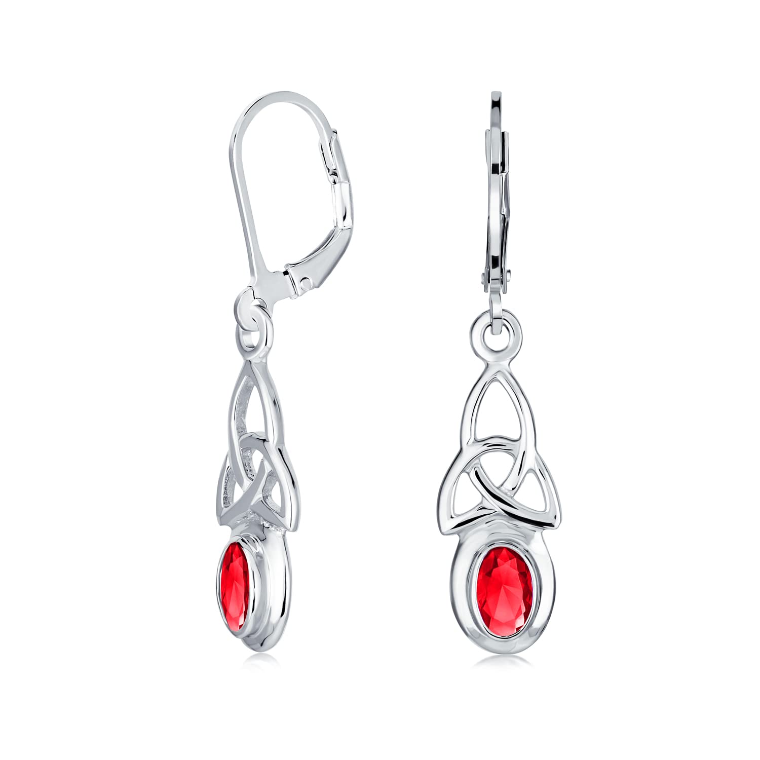 Irish Love Knot Oval Bezel Set Simulated Red Ruby Dangle Celtic Knot Earrings For Women Teens .925 Sterling Silver Lever Back
