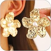 Statement Gold Big Hammered Flower Pearl Earrings for Women Trendy, Charm Boho Silver Large Floral Stud Earring Party Prom Y2k Aesthetic Jewelry Gifts