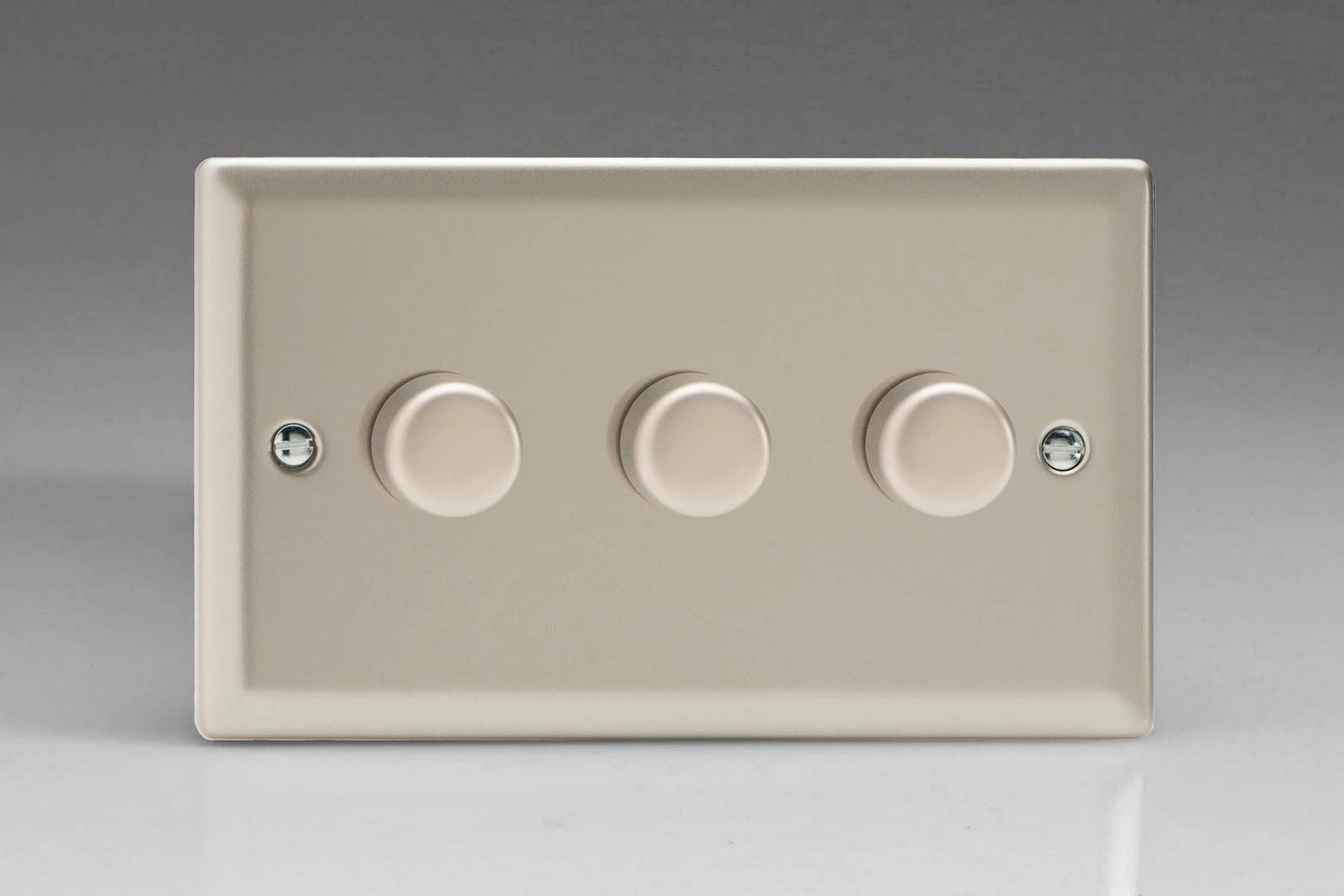 JNDP303 Varilight V-Pro Series 3-Gang 2-Way Push-On/Off Rotary LED Dimmer 3 x 10-250W (Max 30 LEDs) (Twin Plate), Classic Satin Chrome