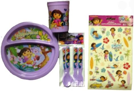 4 Item Bundle: Nickelodeon Dora the Explorer Lunch Set, Dora 8" Plate, Dora the Explorer Drinking Cup, Dora the Explorer 4 Piece Fork and Spoon Set in Bag, AND 2 Rare Dora the Explorer Sticker Sheets