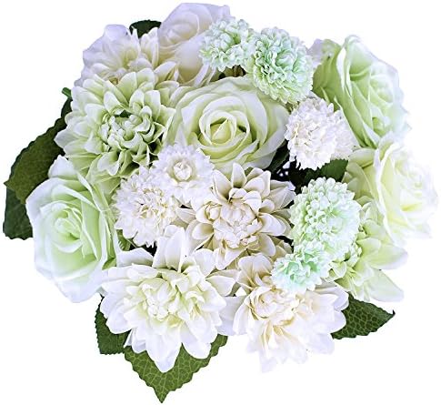 Silk Flower Artificial Rose Dahlia Daisy Flower Bouquet Bride Wedding Holding Flowers For Home Hotel Party Garden Art Decor 8 Pcs (Green)