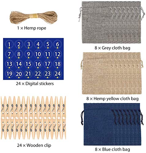 Calendario de Adviento para llenar Bolsa 24,Calendario de Adviento Navidad,Bolsa de Regalo Pequeña,Bolsas Pequeñas Navidad,Bolsitas de Tela Pequeñas, Bolsas de Yute para Rellenar con 1-24 Pegatinas