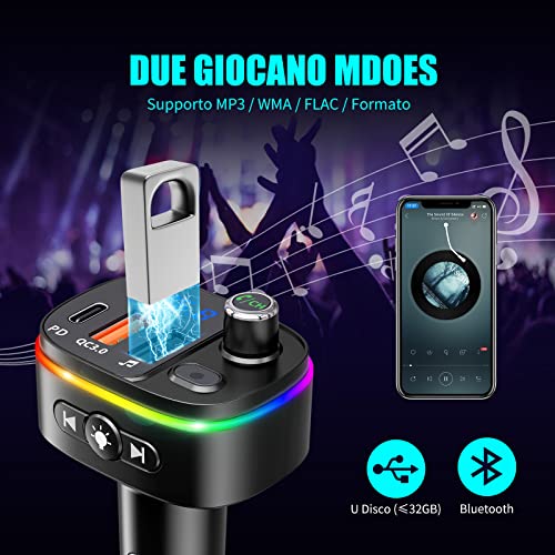 Goigrn Bluetooth per Auto, PD18W e QC3.0 Caricabatterie Auto con Microfono Potente, 9 Controluce a LED RGB, Trasmettitore Bluetooth per Auto Kit Vivavoce, Supporto Assistente Google Siri, Disco U