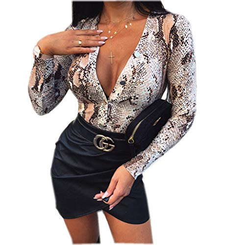 Loalirando-Body-Donna-Camicia-a-Manica-Lunga-Stampa-Leopardata-Tutine-Donna-Tuta-Stampa-Serpente-Aderente-Scollo-a-V-Sexy