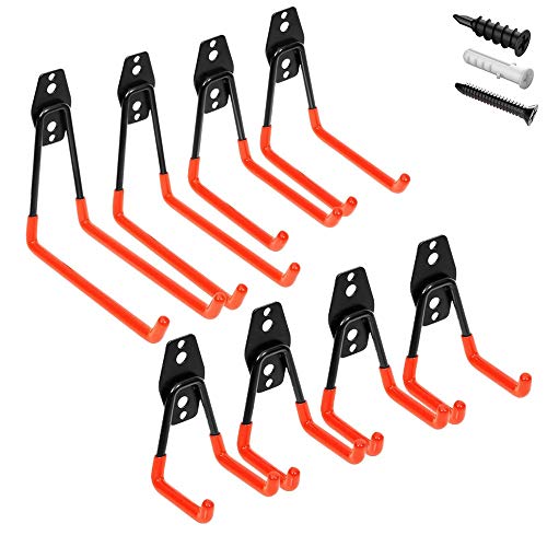 Garage Hook,Sageme Heavy Duty Wall Hook Garage Storage Utility Hooks Garage Space Saver Hanger Rack Extended Wall Mount Tool Holder Double Hooks for Organizing Power Tools,Bike,Laddy (8 Pack, Orange)