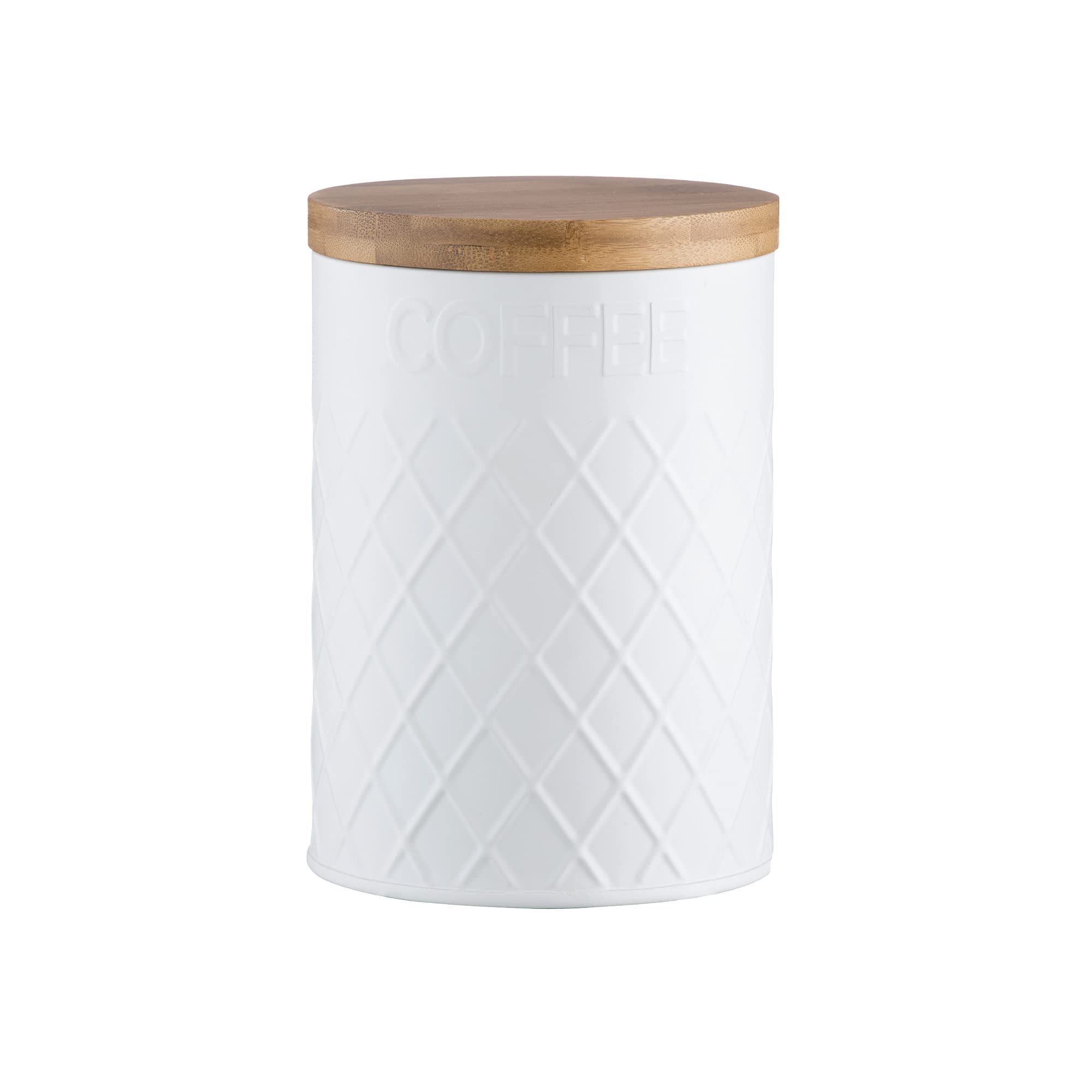 Typhoon Embossed Coffee Storage Canister | Hardwearing Tinware with Airtight Silicone Seal Bamboo Lid | Keeps Coffee Fresh For Longer | White, 115mm x 115mm x 160mm
