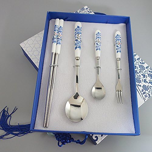 Stainless Steel Utensil Spoon, Fork and Chopsticks Suit - Chinese Blue and White Porcelain Tableware Set of Four Sets, Gift Packaging as a Perfect Gift to Share (4 sets)