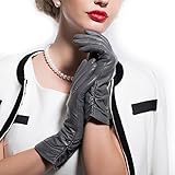 MATSU Classic Women Winter Warm Lambskin Leather Ruched Driving Gloves(Long fleece/Nylon lining) M9021