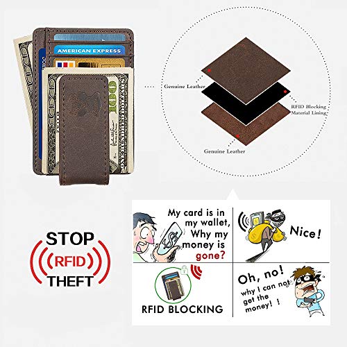 Mens Money Clip Wallet Leather Slim Front Pocket Magnetic RFID Money Clip Wallet (Brown)