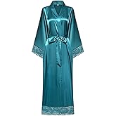 BuyChic Long Kimono Robes Women Satin Sleepwear Silky Lace-trim Robe Plus Size Silk Bathrobe Lightweight Cover Up