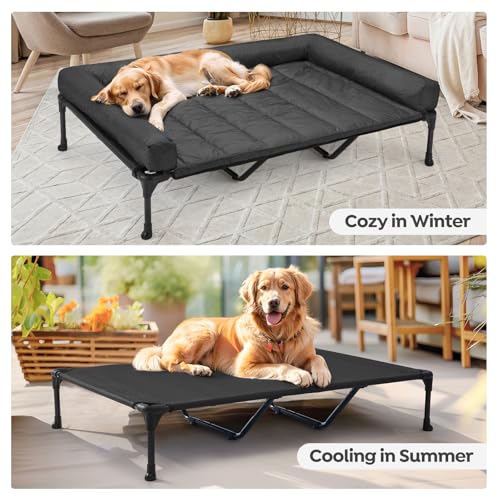 Veehoo Elevated Dog Bed, Lifted Dog Ded Add Waterproof Removable Pillow-Top Mat, Raised Pet Cot with Breathable Mesh, No-Slip Feet, Bolster Dog Cot Bed for Indoor & Outdoor, 150 x 95 cm, Black