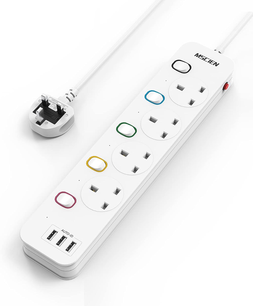Mscien 5M Extension Lead with 4 Way USB Sockets 5 Metre Cable UK Plug 13A