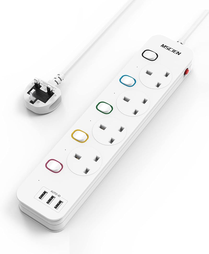 Mscien 5M Extension Lead with 4 Way USB Sockets 5 Metre Cable UK Plug 13A