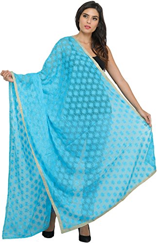 Exotic India Phulkari Dupatta from Punjab with Embroide - Color Blue Atoll