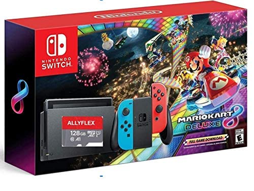 Newest Nintendo Switch w/ Neon Blue & Neon Red Joy-Con + Mario Kart 8 Deluxe Game, 6.2" Touchscreen LCD Display, 802.11AC WiFi, Bluetooth 4.1 - Red and Blue + AllyFlex 128GB Micro SD (Renewed)