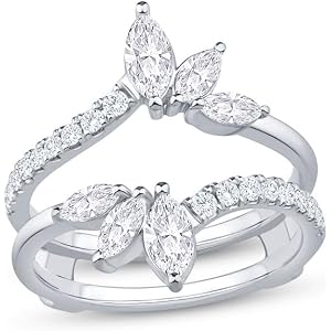 925 Sterling Silver Created Diamond Ring Enhancer Guard - Asymmetric Marquise Cluster Leaf Simulated Diamond Double Band Curv