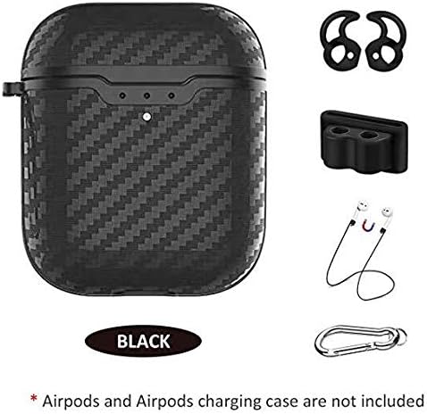 Maxjoy Carbon Fiber Texture Airpods 2&1 Case, Support Wired & Wireless Charging,with Keychain, Earhooks,Anti-Lost Clip,Front LED Visible and Ultra Slim Shockproof Protect,Accessories Kit - Black