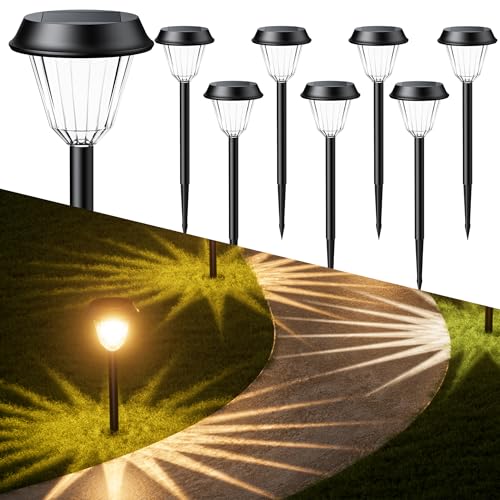 Quntis 8 Packs Outdoor Solar Lights Warm White/RGB, Waterproof IP65 Solar Garden Lights, Automatic Solar Lamp, Warm White Solar Light for Garden, Pathway, Patio, Walkway, Lawn Home