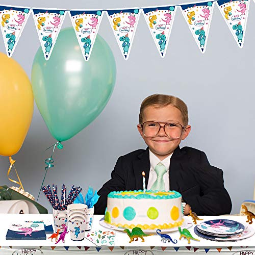 Dinosaur Party Supplies, Complete Party Supplies for Boys and Girls Including Plates, Cups, Napkins, Tablecloth, Banner, Dinosaur Toys, Blowing Dinosaurs, Spoons, Forks and Knives, Serves 24
