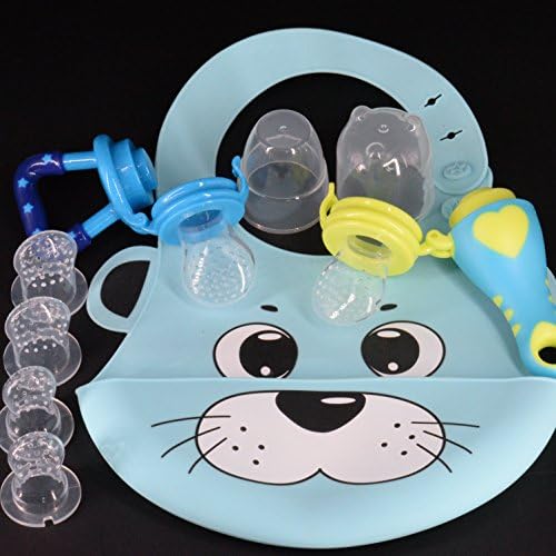 Baby Bib for Boys [Non Stain Silicone] + Puree Baby Fruit Feeders (2 Designs) / Pacifiers / Teething Toys with Small (2), Medium (2), Large (2) Feeder Tips