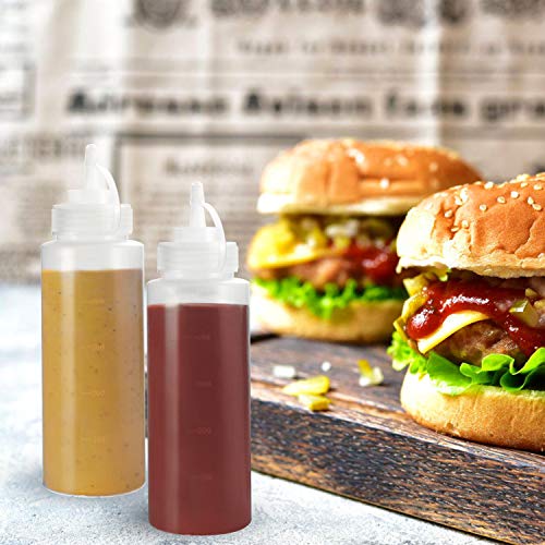 Condiment Squeeze Bottles, OAMCEG 12-Pack 16 oz Durable Plastic Squeeze Squirt Bottle with Discrete Measurements for Ketchup, BBQ, Sauces, Syrup, Condiments, Dressings, Arts and Crafts - BPA Free