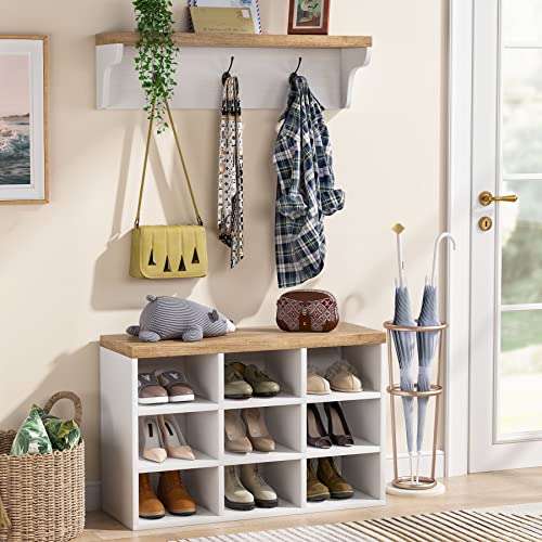 Tribesigns Hall Tree, Coat Rack Shoe Bench Set with Shoe Storage, White