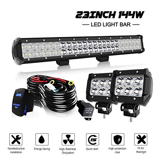 23″ Inch LED Light Bar KEENAXIS 144W Spot Flood Combo LED Bar 2PCS 4Inch 18W Cube Pods Fog Lights With Rocker Switch Wiring Harness for Jeep Ford Dodge Ram Truck Polaris ATV UTV