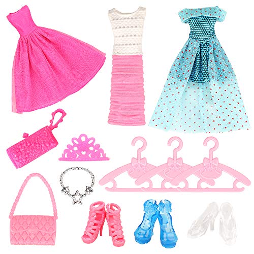 BARWA Lot 12 Items 3 Sets Fashion Casual Clothes Outfit Party Dress with 10 Accessories Bags Shoes Hangers Crown for 11.5 inch Girl Doll Xmas Gift