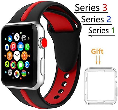 Threenine for Apple Watch Band, Durable Soft Silicone iWatch Strap Replacement Sport Band for Apple Watch Band Series 3 Series 2 Series 1 Sport, Edition ((New) Black/Red, 38mm S/M)