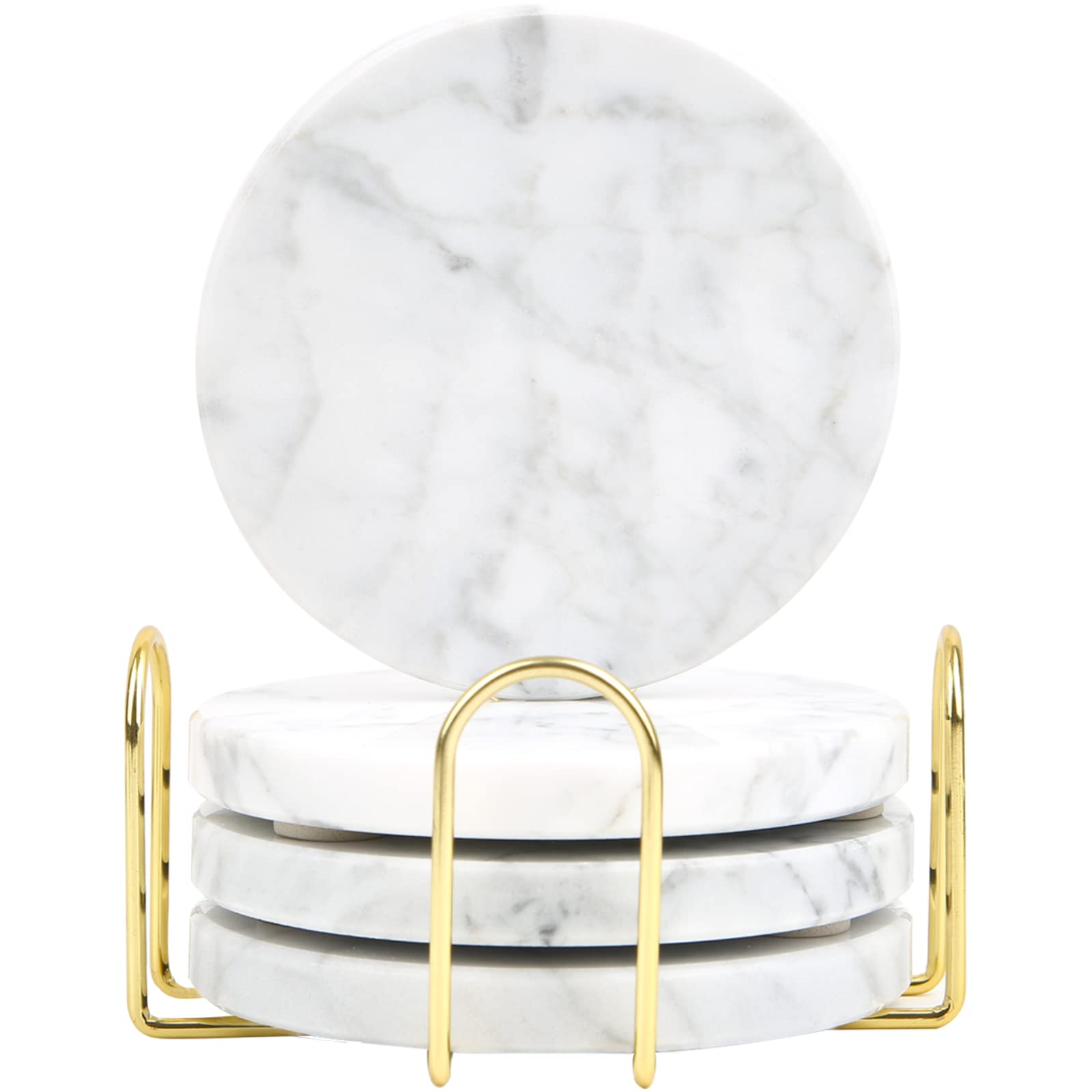 TransMarble Coasters Set of 4pcs for Drinks with Metal Holder-Made of Selected Natural Marble as Luxury Home Decor Gifts (Round, Carrara White)