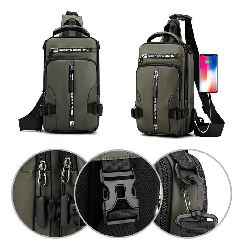 Bolsa Masculina Transversal Impermeável, Mochila com Saída USB, Pochete Grande em Poliéster, Alça Ajustável para Tablet e Celular