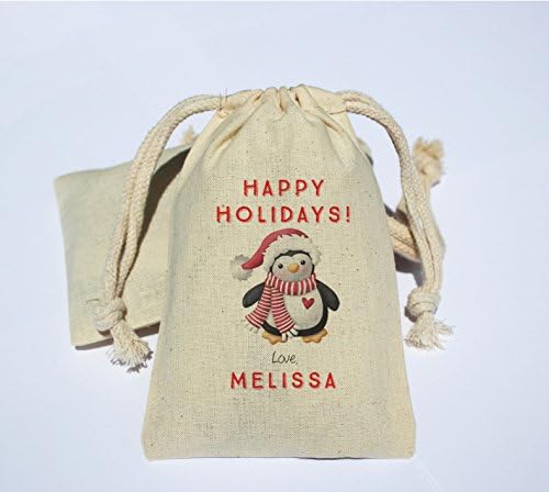 Personalized Cotton Muslin Christmas Party Favor Bag - Christmas Favor Bag - Christmas gift bag - Happy holidays favor bag - Christmas pinguin favor bag