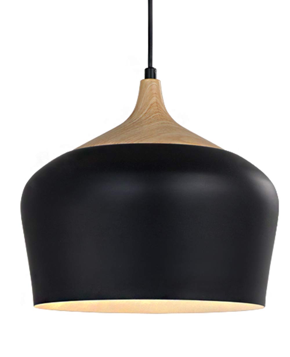 Karmiqi Modern Pendant Lighting Wood Pattern Ceiling Light Fixtures Metal Shade with Edison Bulb for Living Rooms,Dining Room,Kitchen(Black) …