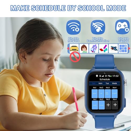 pmstuy Children's GPS Smart Watch, 4G Teen Smart Watch with Telephone, Video Call, WiFi, Bluetooth, SOS, Class Mode, Face ID, App Store, Whatsapp, Alarm Clock, IP68 Smartwatch Children Gifts (Blue)