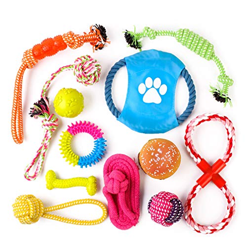 Complete 12 Pack of Dog Toys. Big Set Includes Chew, Rope, Duck, Ball, Throw, Squeak for Small, Medium Dogs, Relieves Boredom for Better Teeth, Training. No Messy Stuffing