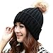 Women's Winter Thick Knit Soft Polar Fleece Lining Pom Pom Beanie Hat with Hair Tie.