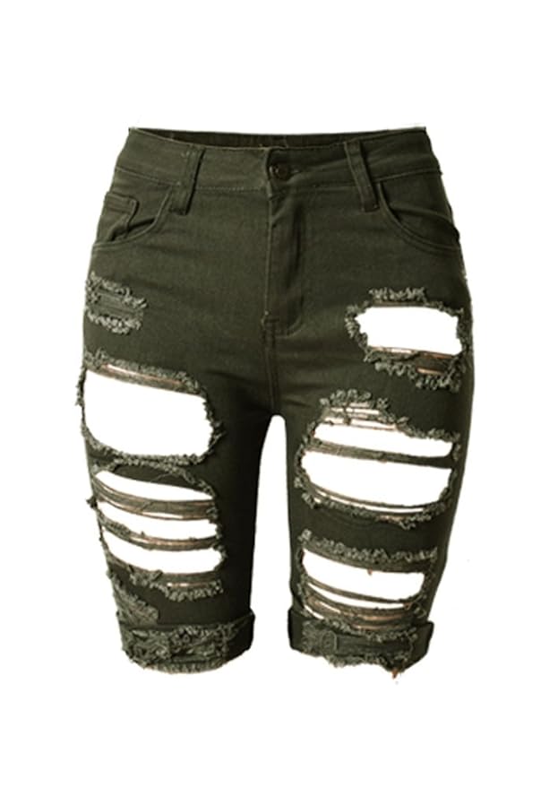 iRachel Damen Denim Stretch Jeans Hohe Taille Short Kurze Hose Ripped Loch Hose