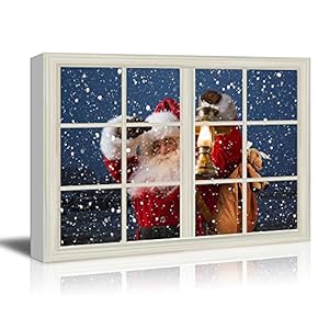Canvas Print Wall Art - Window Frame Style Wall Art - Santa Claus Carrying Gifts Coming on Christmas Eve | Giclee Print Modern Home Decor. Stretched & Ready to Hang - 24" x 36"