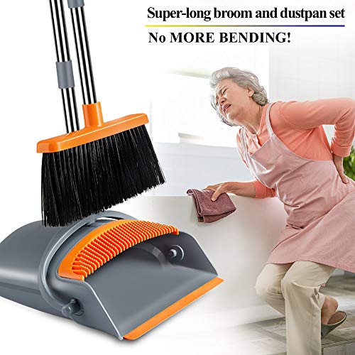 Kelamayi Broom and Dustpan Set, Super Long Handle Lobby Broom, Self-Cleaning with Dust Pan Teeth, Ideal for Home, Kitchen and Office Use (Gray & Orange)