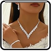 Wlahm Shining Rhinestone Flower Jewelry Set for Women,Dainty Crystal Statement Dangle Earrings Necklace Sparkly Wedding Bride Bridesmaid Jewelry Gifts