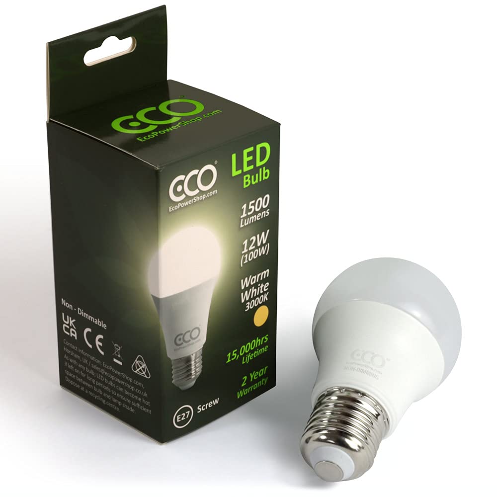 ECO 100W E27 Edison Screw Energy Saving LED Light Bulb, Low Energy 12W LED, Bright 1500 Lumens, Warm White 3000K, 15,000Hrs Lifetime. 1x Pack.