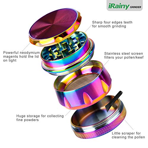 iRainy G2 Pro 2.3 Inch Spice Herb Grinder 4 Pieces with Pollen Catcher (Dazzy Multicolor)