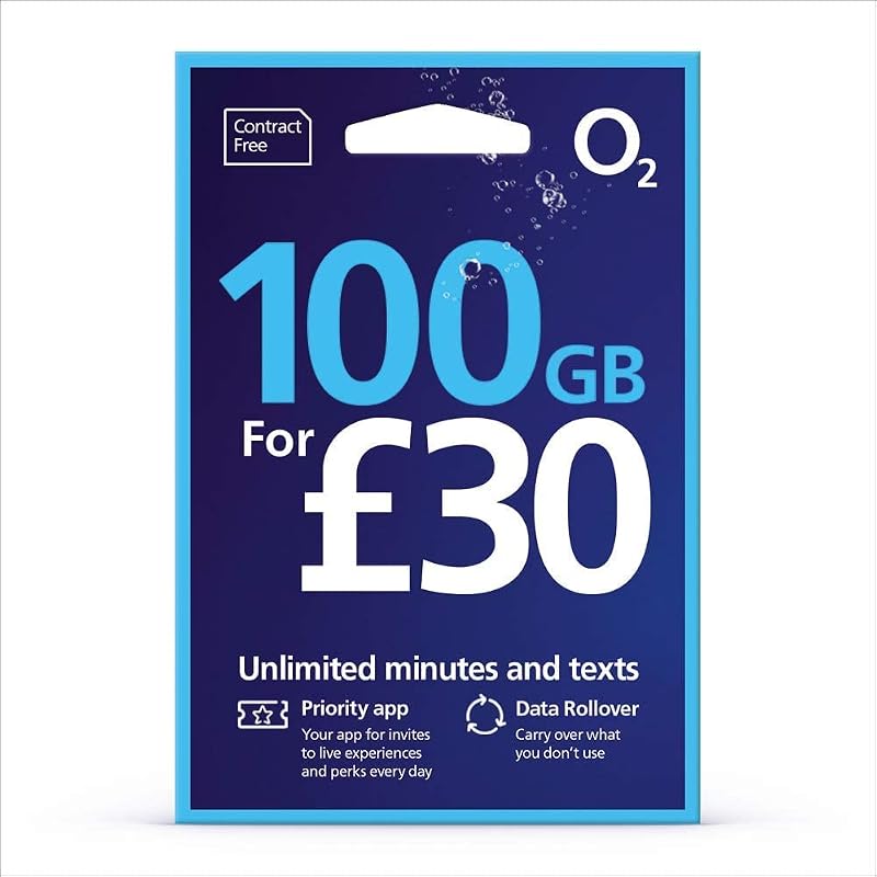 O2 SIM 100GB Data Unlimited Calls Texts +500 Int'l Mins £30 Top Up